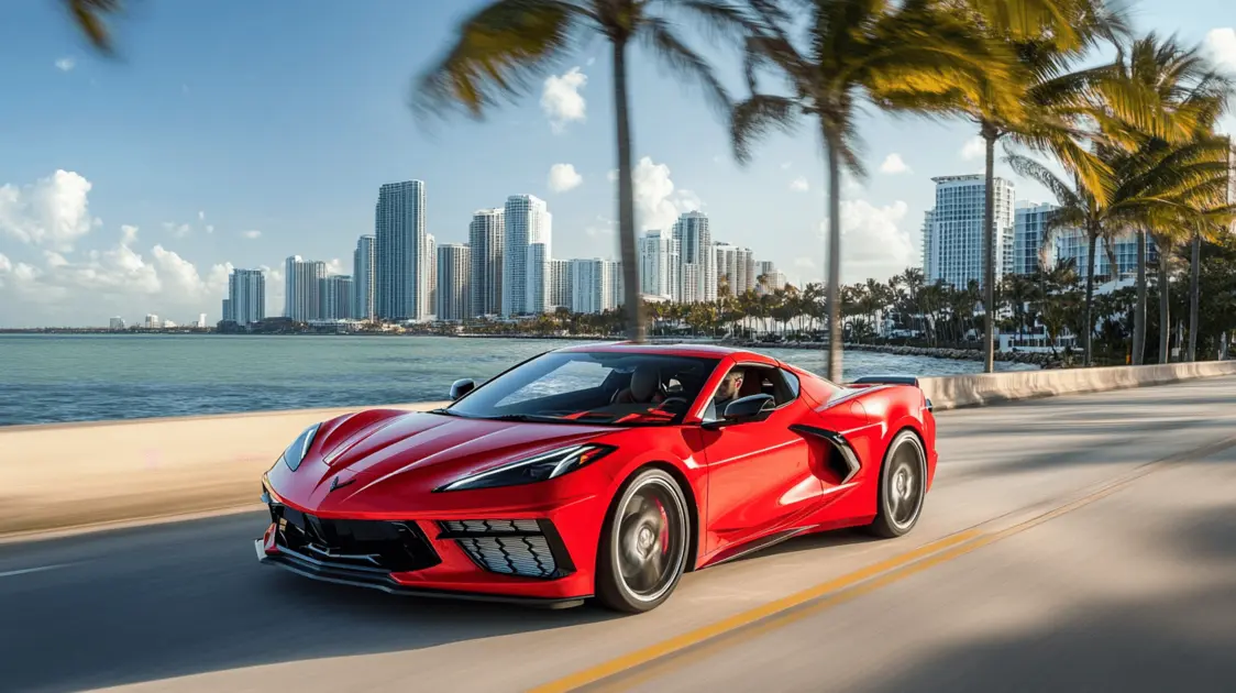 Blue Corvette C8 Stingray parked on Ocean Drive in South Beach Miami