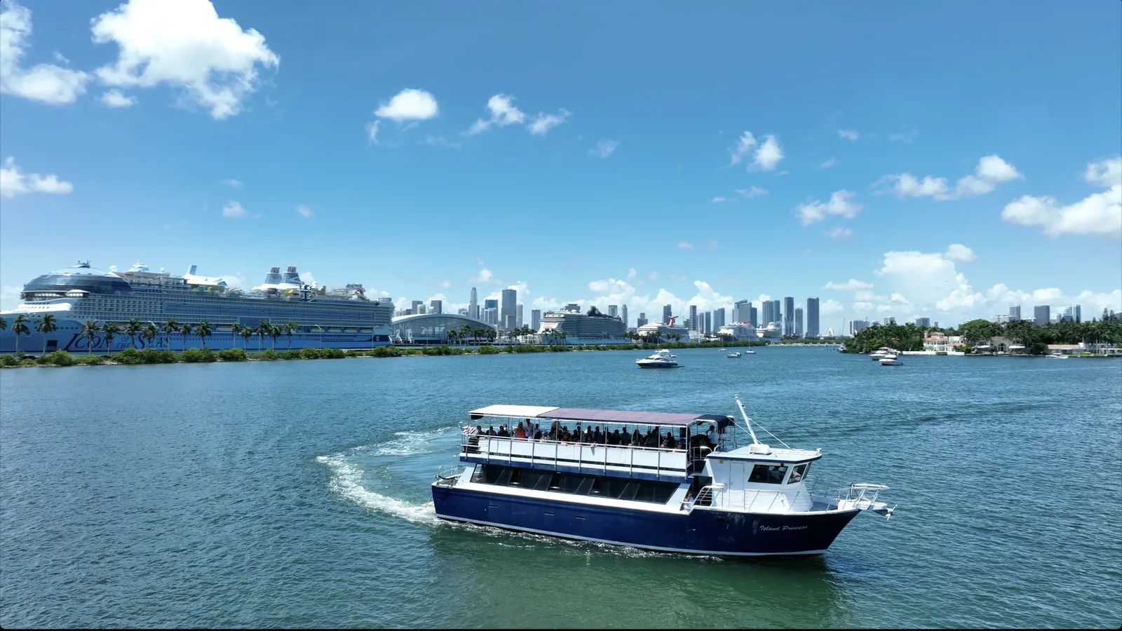 Miami Aqua Tours boat with Downtown Miami skyline and cruise ship views