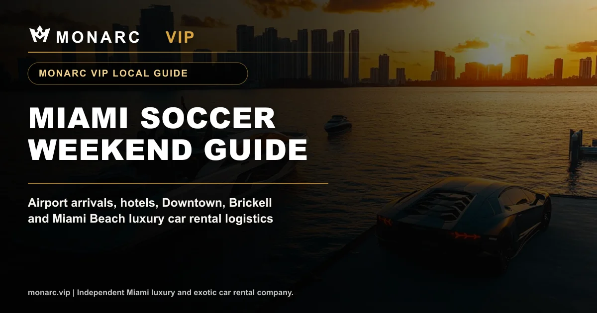 Miami soccer weekend exotic car rental guide with Monarc VIP luxury car and yacht imagery