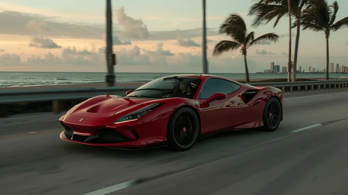 Red Ferrari 488 Spider parked on Ocean Drive in Miami Beach