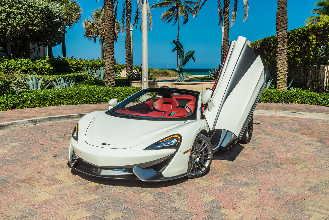 White McLaren 570S Spider exotic car rental in Miami